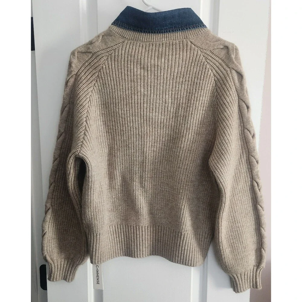 NWT COMMENSE Denim Collar Layered Sweater Beige Knit Sweater XS oversized fit - Picture 4 of 8